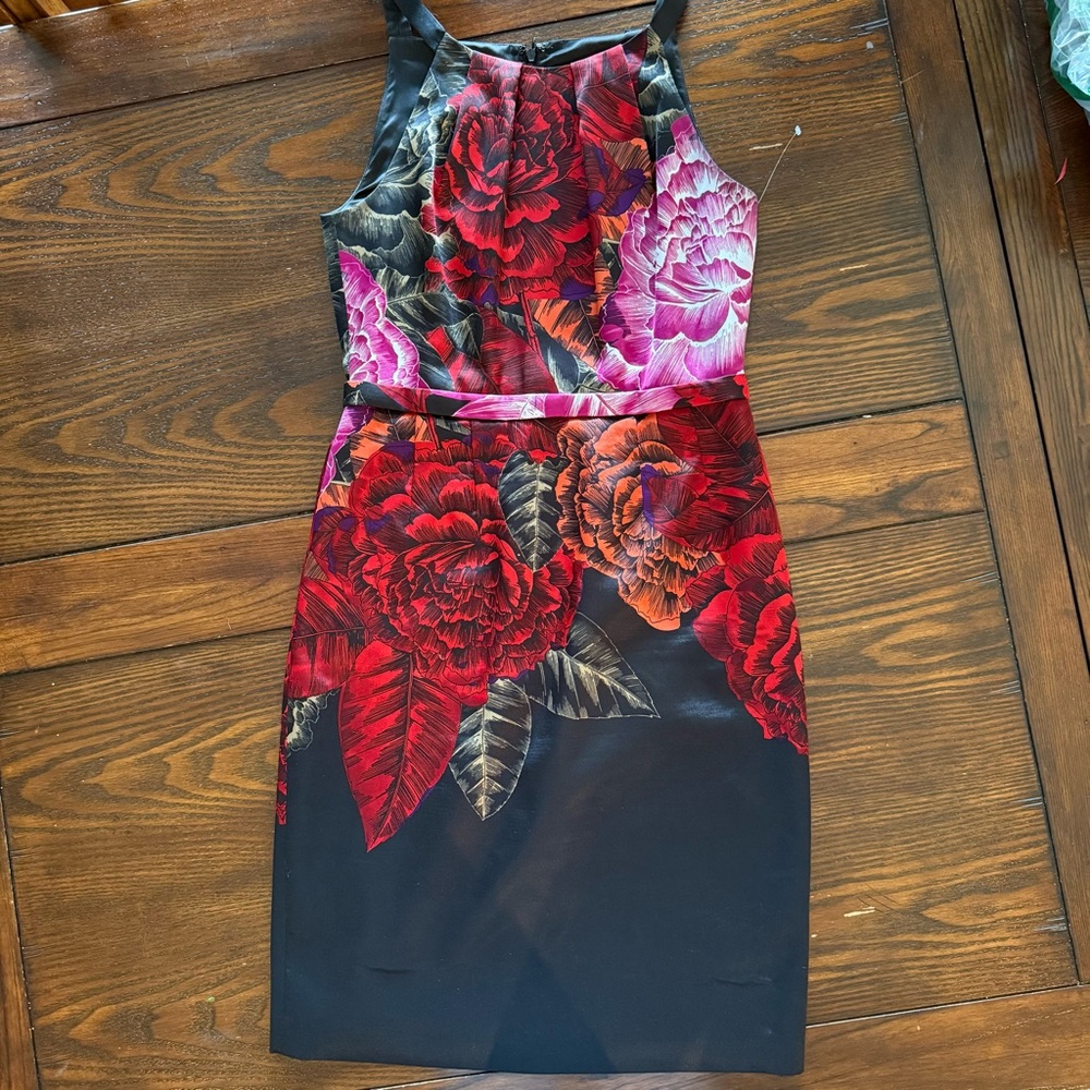 Tahari dress red and black floral. Silky and soft